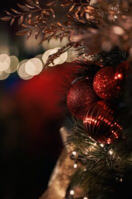 a close up of a christmas tree with lights in the background