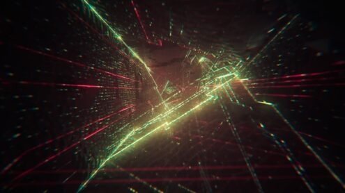 Abstract digital art showcasing a futuristic tunnel with neon lights and geometric shapes.