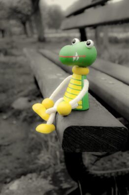 lost, toy, crocodile, puppet, wood, bench, park, abandoned, alone, sad, gray alone, gray park