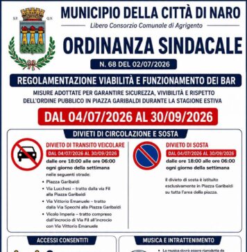 Naro, ZTL estiva su Piazza Garibaldi: stop alle auto e regole per bar e musica